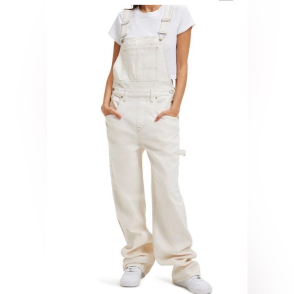 Good American Cream Wide-Leg Denim Overalls